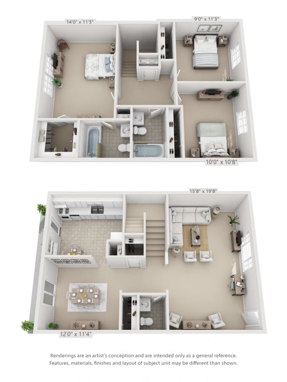 This is a 3D floor plan of a 1323 square foot 3 bedroom townhome at Lake of the Woods Apartments in Cincinnati, OH.