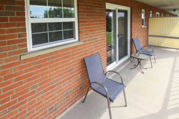 This is a photo of the balcony of the 1 bedroom, 631 square foot model apartment at Lake of the Woods Apartments in Cincinnati, OH.