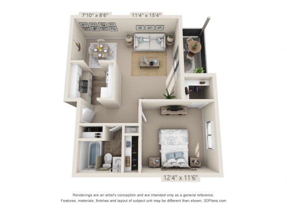This is a 3D floor plan of a 578 square foot 1 bedroom apartment at Red BankReserve Apartments in Cincinnati, OH.