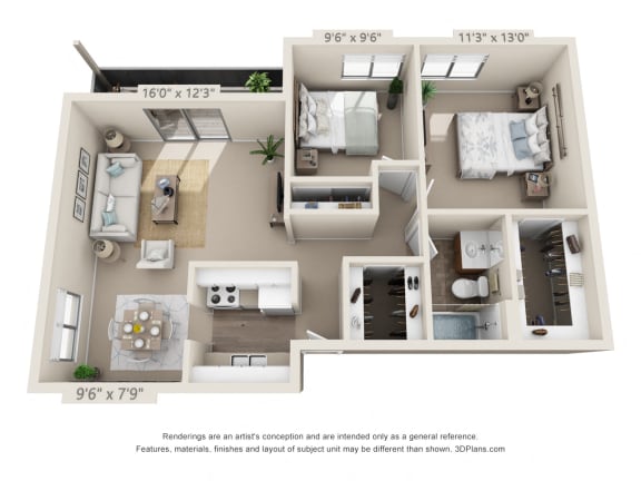 This is a 3D floor plan of a 773 square foot 2 bedroom apartment at Red BankReserve Apartments in Cincinnati, OH.