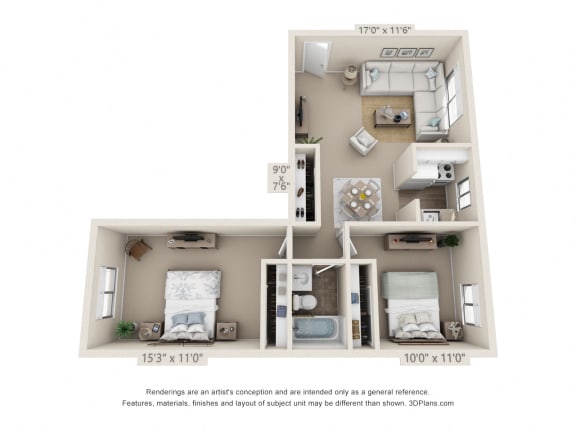 This is a 3D floor plan of a 689 square foot 2 bedroom apartment at Red BankReserve Apartments in Cincinnati, OH.