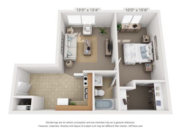 This is a 3D floor plan of a 545 square foot 1 bedroom apartment at Lisa Ridge Apartments in Cincinnati, OH.
