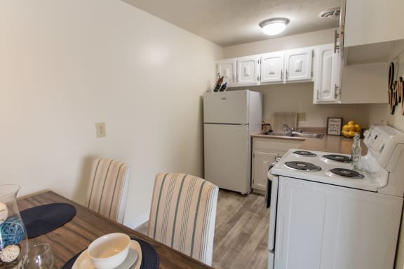 This is a photo of the kitchen in the 705 square foot 2 bedroom, 1 bath apartment at Lisa Ridge Apartments in the Westwood neighborhood of Cincinnati, Ohio.