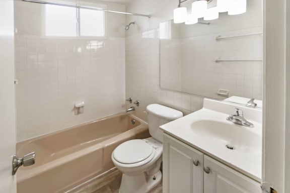 This is a photo of the bathroom of a 1 bedroom, 631 square foot apartment at Lake of the Woods Apartments in Cincinnati, OH.