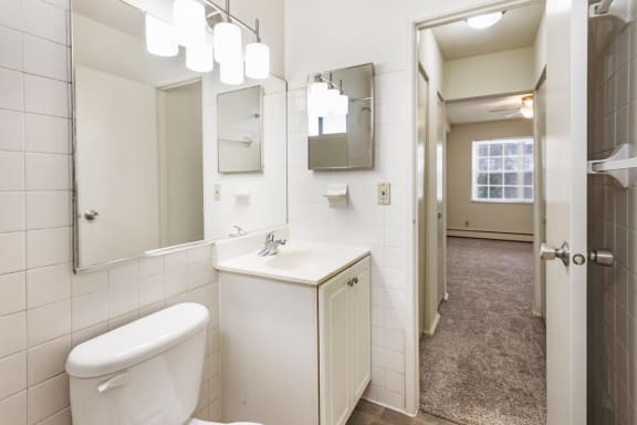 This is a photo of the bathroom of a 1 bedroom, 631 square foot apartment at Lake of the Woods Apartments in Cincinnati, OH.