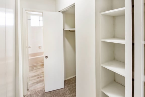 This is a photo of the bedroom hallway closets in a 1 bedroom, 631 square foot apartment at Lake of the Woods Apartments in Cincinnati, OH.