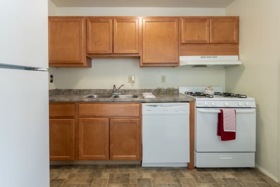 This is a photo of the kitchen in the 758 square foot, 2 bedroom floor plan at Lake of the Woods Apartments in Cincinnati, OH.