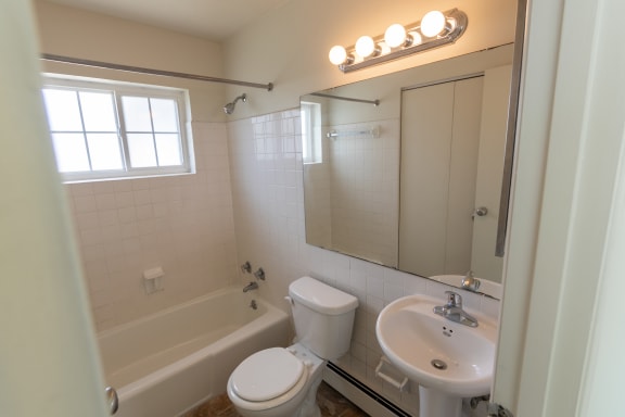 This is a photo of the master bathroom in the 1229 square foot, 3 bedroom, 2.5 bath townhome floor plan at Lake of the Woods Apartments in Cincinnati, OH.