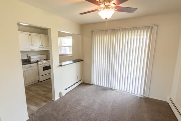 This is a photo of the dining room in the 966 square foot, 2 bedroom, 1 bath floor plan at Lake of the Woods Apartments in Cincinnati, OH.