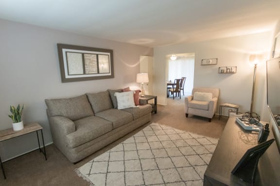 This is a photo of the living room of the 1 bedroom, 631 square foot model apartment at Lake of the Woods Apartments in Cincinnati, OH.
