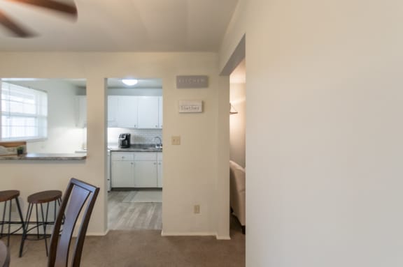This is a photo of the dining room of the 1 bedroom, 631 square foot model apartment at Lake of the Woods Apartments in Cincinnati, OH.