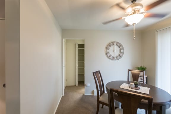 This is a photo of the hall linen closet from the dining room of the 1 bedroom, 631 square foot model apartment at Lake of the Woods Apartments in Cincinnati, OH.