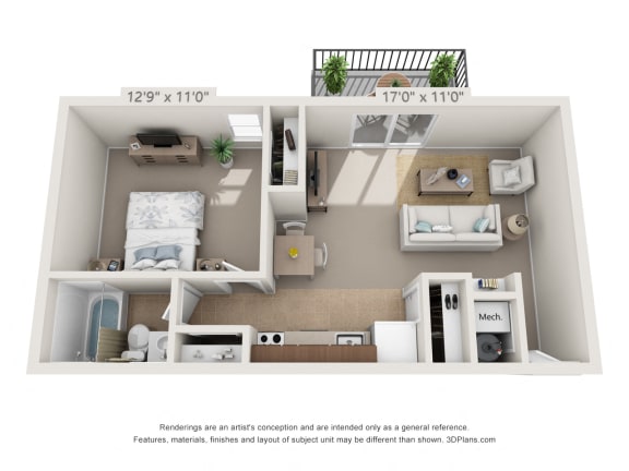 This is a 3D floor plan of a 560 square foot 1 bedroom Elm at Montana Valley Apartments in Cincinnati, OH.