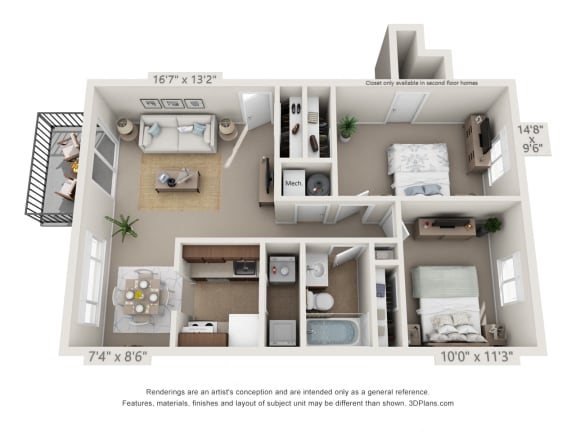 This is a 3D floor plan of a 836 square foot 1 bedroom Hickory with balcony at Montana Valley Apartments in Cincinnati, OH.