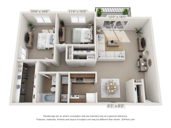 This is a 3D floor plan of a 1030 square foot 2 bedroom Oak with balcony at Montana Valley Apartments in Cincinnati, OH.