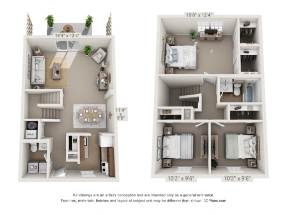 This is a 3D floor plan of a 1310 square foot 3 bedroom Pine townhome at Montana Valley Apartments in Cincinnati, OH.