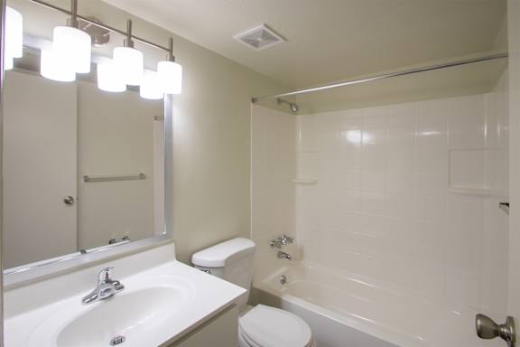This is a photo of the bathroom of the 560 square foot 1 bedroom, 1 bath Elm floor plan at Montana Valley Apartments in Cincinnati, OH.