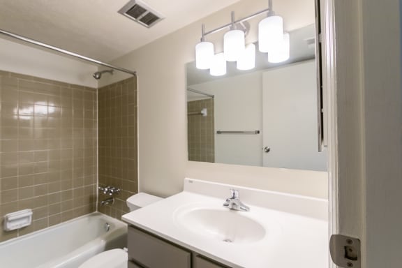 This is a photo the  bathroom of the 940 square foot, Sycamore 2 bedroom, 1 bath apartment at Montana Valley Apartments in the Westwood neighborhood of Cincinnati, OH.