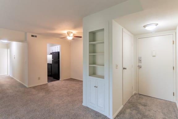 This is a photo the built-in shelving near the entryway of the 1030 square foot, Oak 2 bedroom, 1 bath apartment at Montana Valley Apartments in the Westwood neighborhood of Cincinnati, OH.
