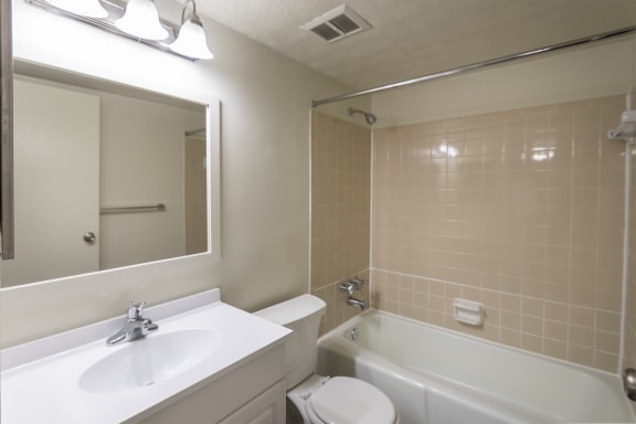 This is a photo of the bathroom of a 500 square foot 1 bedroom, 1 bath Cedar at Montana Valley Apartments in Cincinnati, OH.