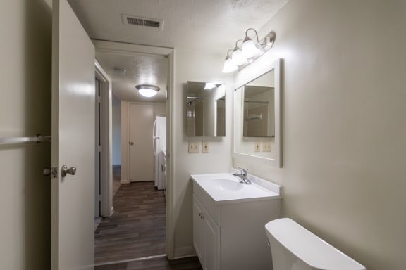 This is a photo of the bathroom of the 500 square foot 1 bedroom, 1 bath Cedar floor plan at Montana Valley Apartments in Cincinnati, OH.