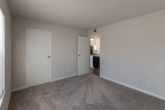 This is a photo of the bedroom in an upgraded 500 square foot 1 bedroom, 1 bath Cedar floor plan at Montana Valley Apartments in Cincinnati, OH.