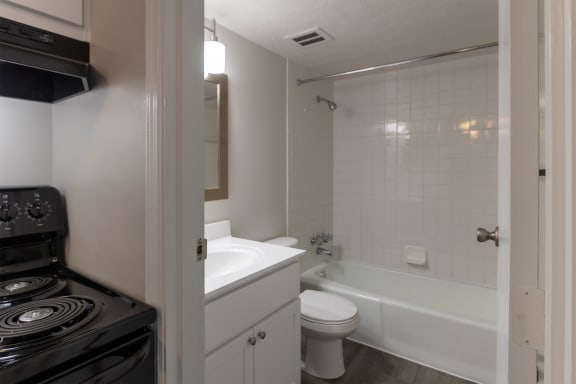 This is a photo of the bathroom in an upgraded 500 square foot 1 bedroom, 1 bath Cedar floor plan at Montana Valley Apartments in Cincinnati, OH.