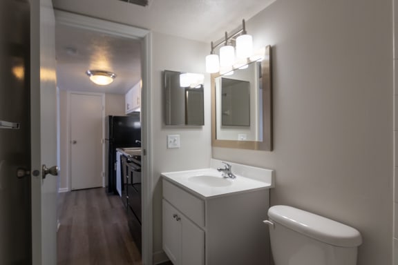 This is a photo of the bathroom in an upgraded 500 square foot 1 bedroom, 1 bath Cedar floor plan at Montana Valley Apartments in Cincinnati, OH.