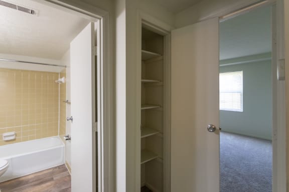 This is a photo of the hall linen closet of the 716 square foot 1 bedroom, 1 bath Cypress floor plan at Montana Valley Apartments in Cincinnati, OH.
