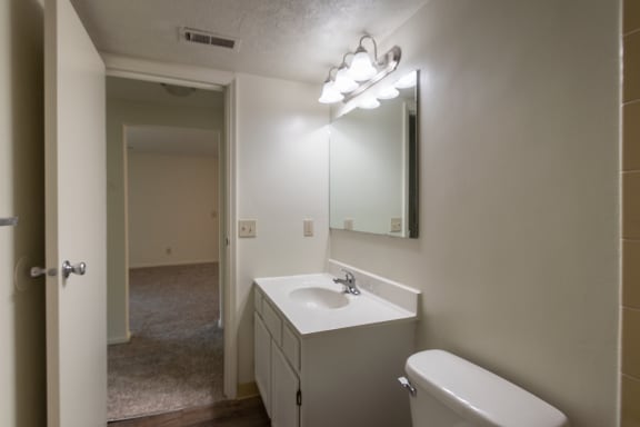 This is a photo of the bathroom of the 716 square foot 1 bedroom, 1 bath Cypress floor plan at Montana Valley Apartments in Cincinnati, OH.