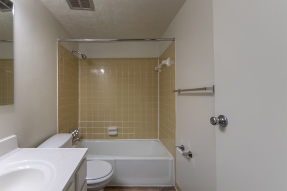 This is a photo of the bathroom of the 716 square foot 1 bedroom, 1 bath Cypress floor plan at Montana Valley Apartments in Cincinnati, OH.