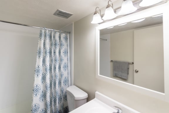This is a photo of the bathroom of the 560 square foot 1 bedroom, 1 bath Elm floor pla at Montana Valley Apartments in Cincinnati, OH.