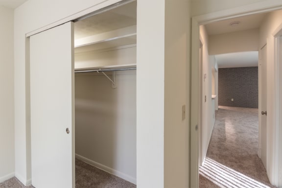 This is a photo the second bedroom closet of the 925 square foot, Hazelnut 2 bedroom, 1 bath apartment at Montana Valley Apartments in the Westwood neighborhood of Cincinnati, OH.