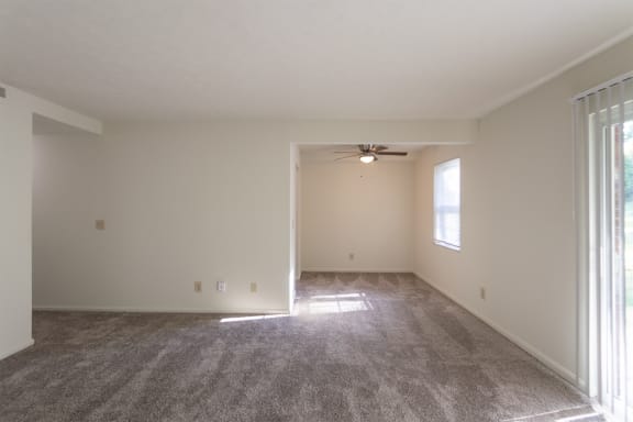 This is a photo of the living room of the 836 square foot 2 bedroom, 1 bath Hickory floor plan at Montana Valley Apartments in Cincinnati, OH.