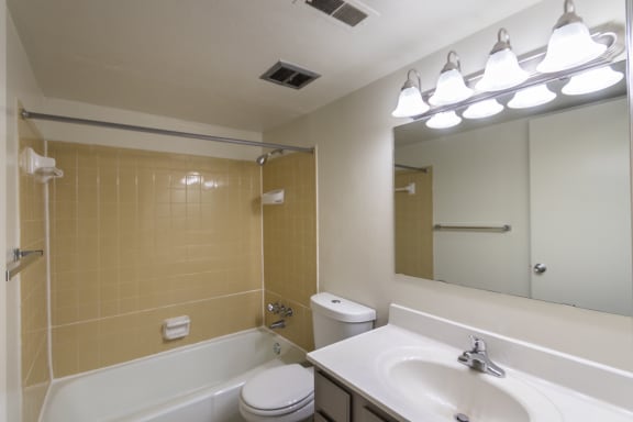 This is a photo of the bathroom of the 836 square foot 2 bedroom, 1 bath Hickory floor plan at Montana Valley Apartments in Cincinnati, OH.