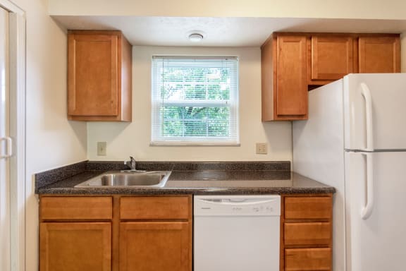 This is a photo the kitchen of the 851 square foot, Maple 2 bedroom, 1 bath apartment at Montana Valley Apartments in the Westwood neighborhood of Cincinnati, OH.