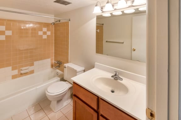 This is a photo the bathroom of the 851 square foot, Maple 2 bedroom, 1 bath apartment at Montana Valley Apartments in the Westwood neighborhood of Cincinnati, OH.