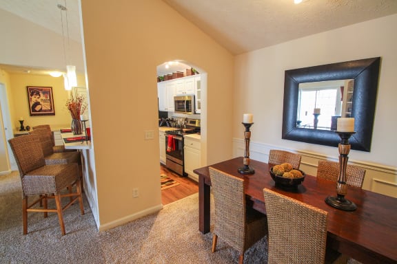 This is a photo of the kitchen/dining room in the 2 bedroom Atlantic floor plan at Nantucket Apartments in Loveland, OH.