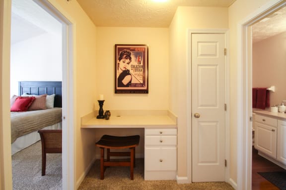 This is a photo of the built-in desk and linen closet in the 1242 square foot, 2 bedroom Atlantic floor plan at Nantucket Apartments in Loveland, OH.