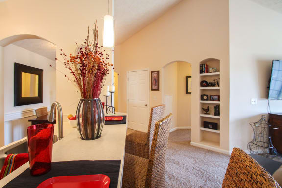 This is a photo of the kitchen/living room in the 2 bedroom Atlantic floor plan at Nantucket Apartments in Loveland, OH.