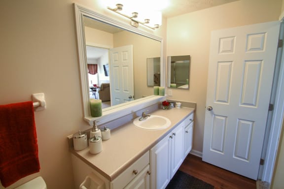 This is a photo of the bathroom in the 1242 square foot, 2 bedroom Atlantic floor plan at Nantucket Apartments in Loveland, OH.