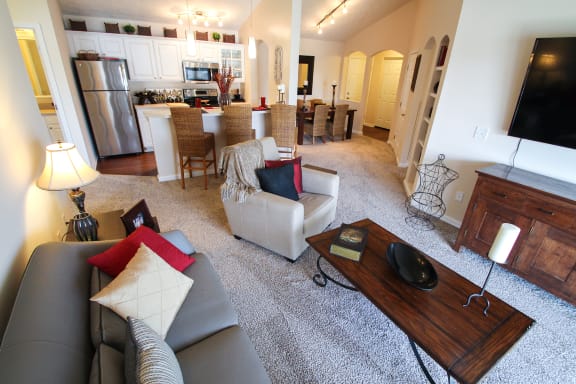 This is a photo of the kitchen/dining room in the 2 bedroom Atlantic floor plan at Nantucket Apartments in Loveland, OH.