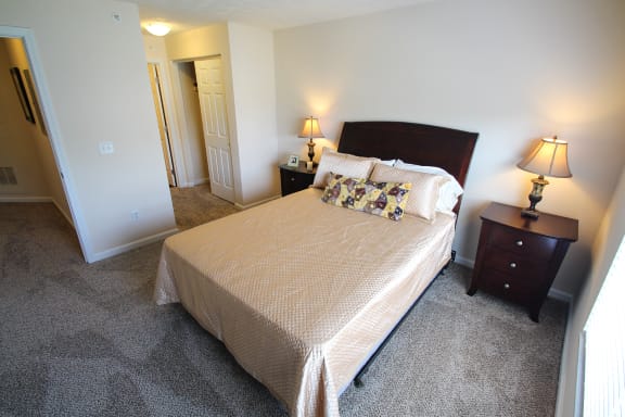 This is a photo of the master bedroom in the 2 bedroom Atlantic floor plan at Nantucket Apartments in Loveland, OH.