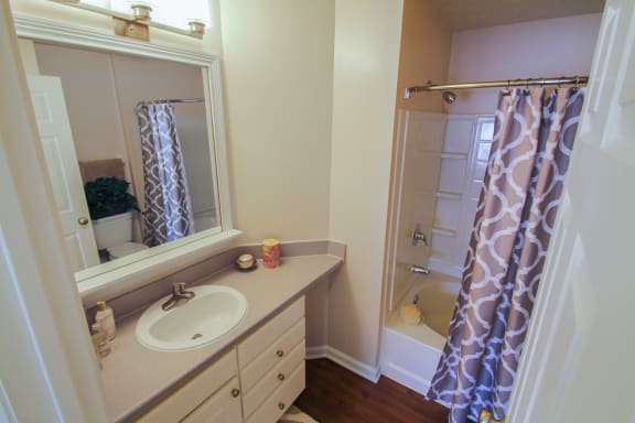 This is a photo of the primary bathroom in the 1242 square foot, 2 bedroom Atlantic floor plan at Nantucket Apartments in Loveland, OH.