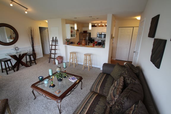 This is a photo of the living room in the 1 bedroom Clipper floor plan at Nantucket Apartments in Loveland, OH.