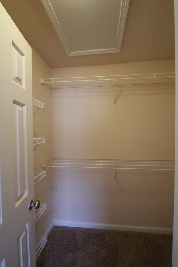 This is a photo of the walk-in closet in the 1 bedroom Patriot floor plan at Nantucket Apartments in Loveland, OH.