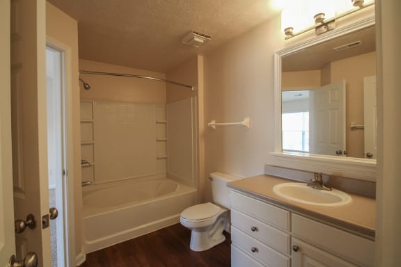 This is a photo of the bathroom in the 1 bedroom Patriot floor plan at Nantucket Apartments in Loveland, OH.