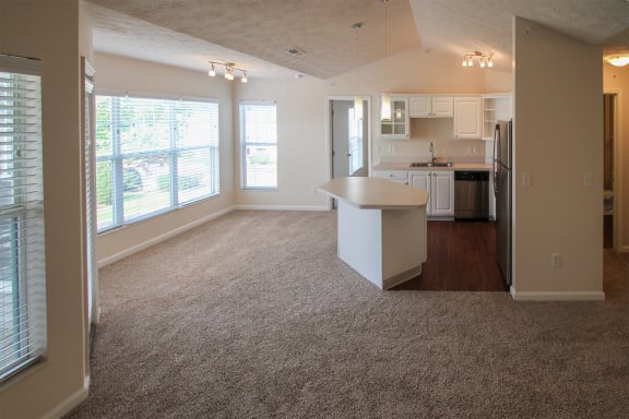 This is a photo of the living room in the 1 bedroom Patriot floor plan at Nantucket Apartments in Loveland, OH.