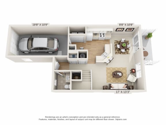 This is a 3D floor plan of a 1578 square foot 3 bedroom Flagship townhome at Nantucket Apartments in Loveland, OH.