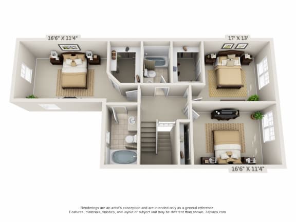 This is a 3D floor plan of a 1578 square foot 3 bedroom Flagship townhome at Nantucket Apartments in Loveland, OH.